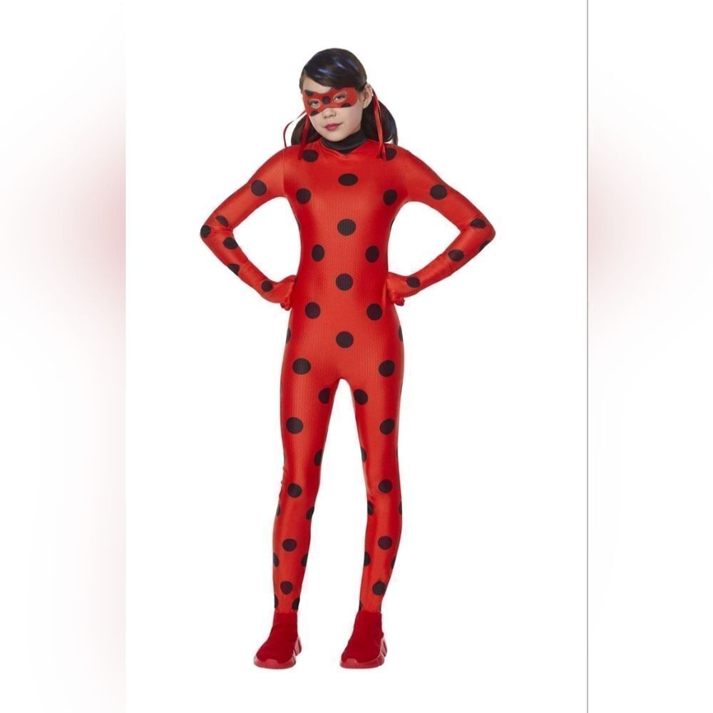 Red and Black Superhero Costume with Polka Dots and Full Body Design